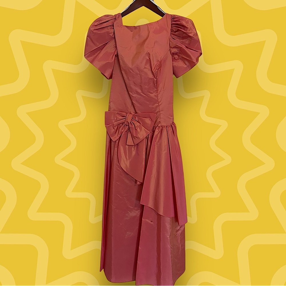 Vintage 80s Dance Allure Puff Sleeve Dress w/ Bow Detail-Size 7/8